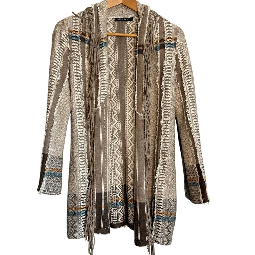 Nic + Zoe Tan Brown Boho Chic Open Knit Cardigan Fringe Women's Small